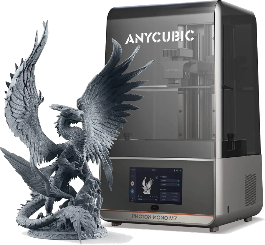 Impresora 3D de resina Anycubic Photon Mono M7, vista de producto sobre fondo transparente.