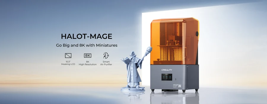 Impresora 3D de resina Creality HALOT-MAGE S, vista de producto sobre fondo transparente.
