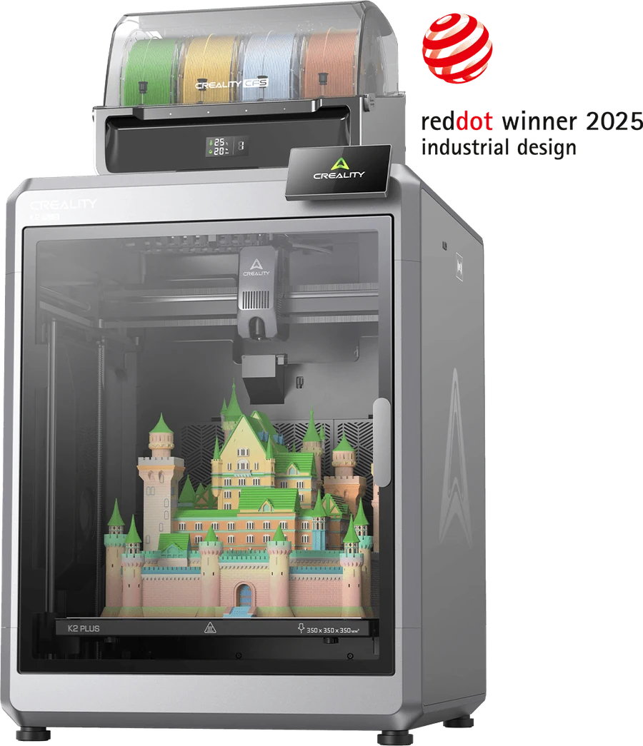 Impresora 3D de filamento (FDM) Creality K2 Plus, vista de producto sobre fondo transparente.