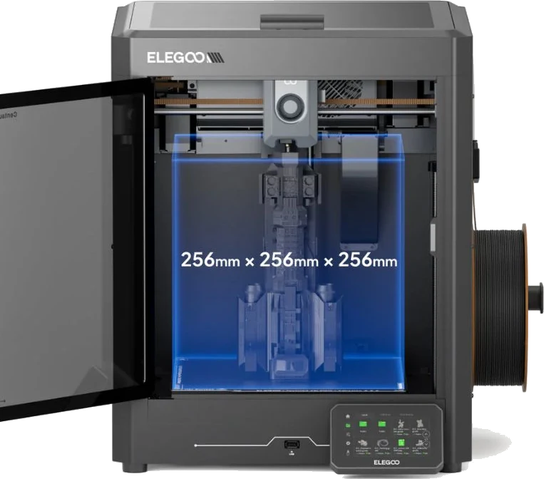 Impresora 3D de filamento (FDM) Elegoo Centauri Carbon, vista de producto sobre fondo transparente.