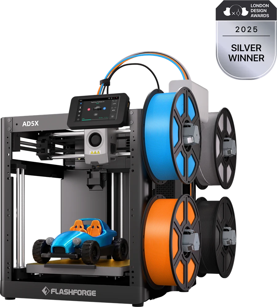 Impresora 3D de filamento (FDM) FlashForge AD5X, vista de producto sobre fondo transparente.